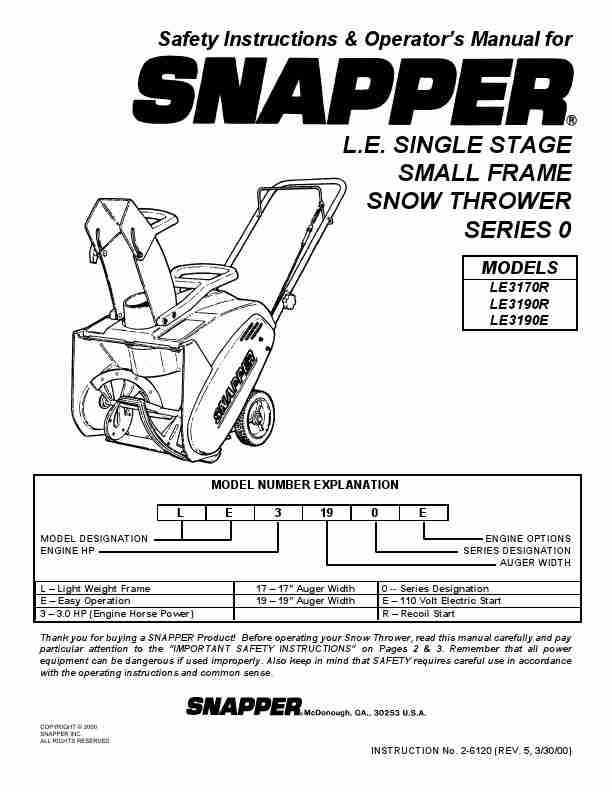 Snapper Snow Blower LE3190E, LE3190R, LE3190E-page_pdf